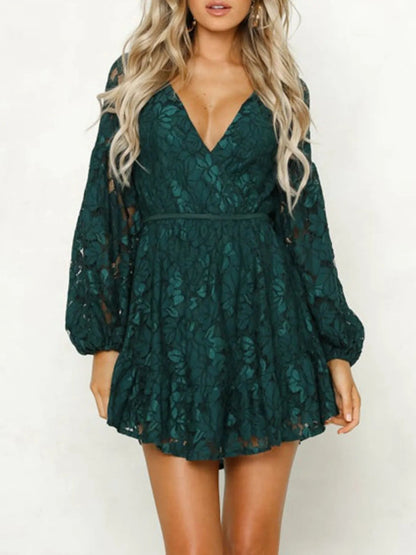 Floral Lace Deep V-Neck Balloon Sleeve Fit and Flare Mini Dress