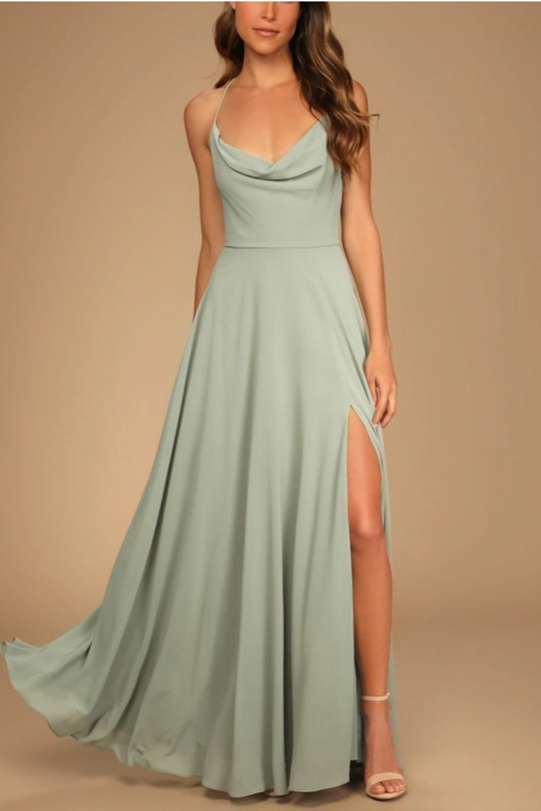 Cowl Neck Spaghetti Strap High Slit A-Line Chiffon Maxi Gown