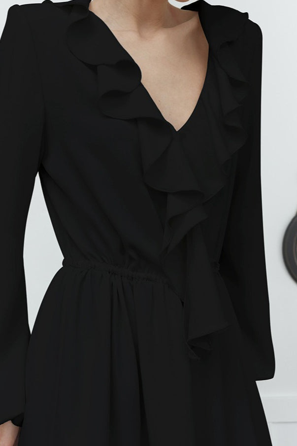 Deep V-Neck Ruffle Bishop Sleeve Asymmetric Ruffle Hem Midi Dress