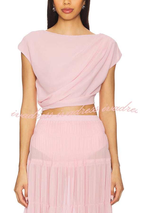 Stunning Chiffon Ruched Shoulder Short Sleeve Crop Top