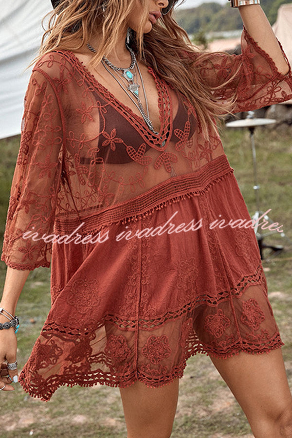 Lace V Neck Hollow Short Sleeved Cover Up