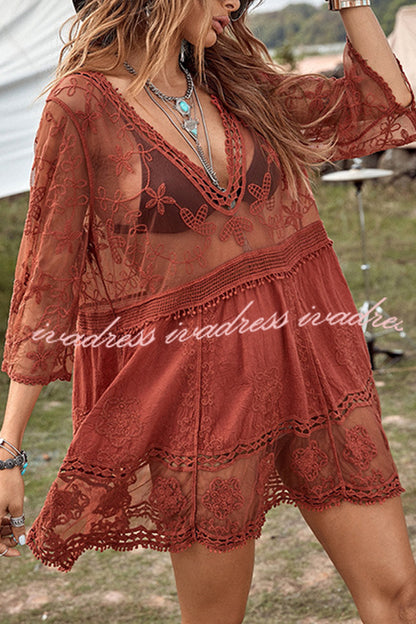 Lace V Neck Hollow Short Sleeved Cover Up