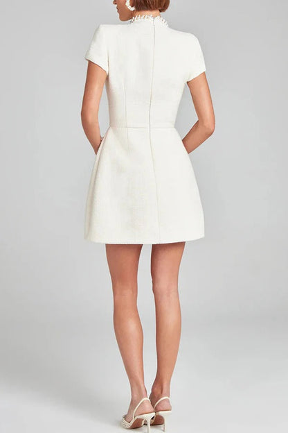 Pearl Trim Mock Neck Tweed Pocket Mini Dress