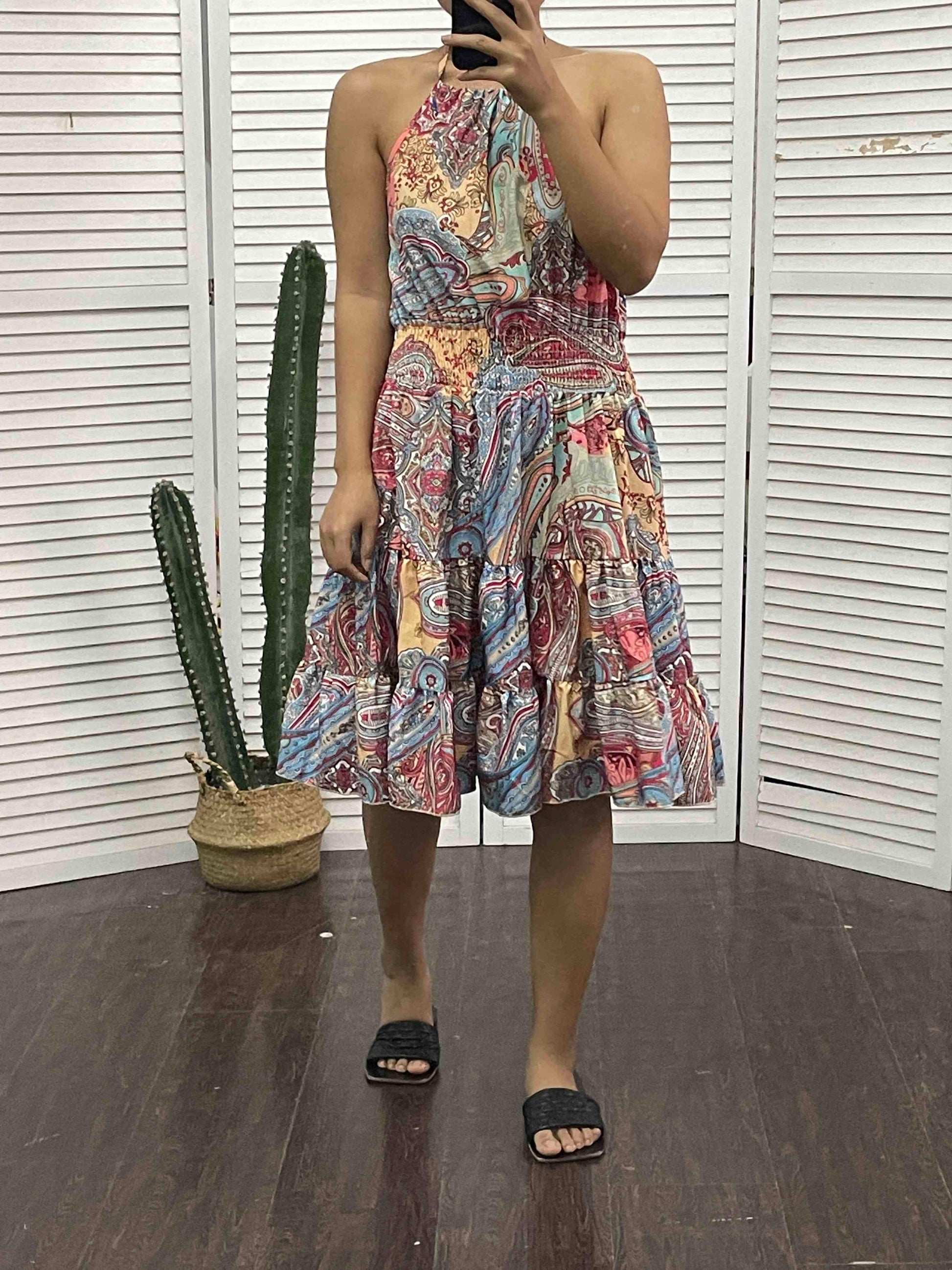 Paisley Print Halter Smocked Waist Tiered Ruffle Knee Length Dress
