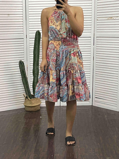 Paisley Print Halter Smocked Waist Tiered Ruffle Knee Length Dress
