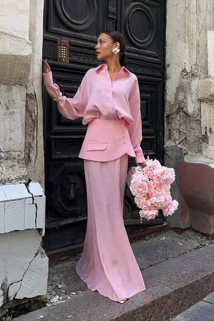 | Solid Long Sleeve Shirtdress Two Piece Set