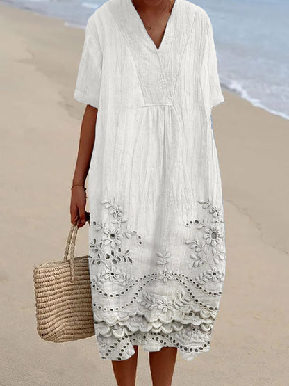 Eyelet Floral Embroidery V-Neck Short Sleeve Scalloped Hem Midi Dress