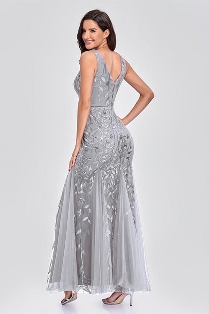V Neck Sheer Embroidered Sequin Sexy Prom Dress