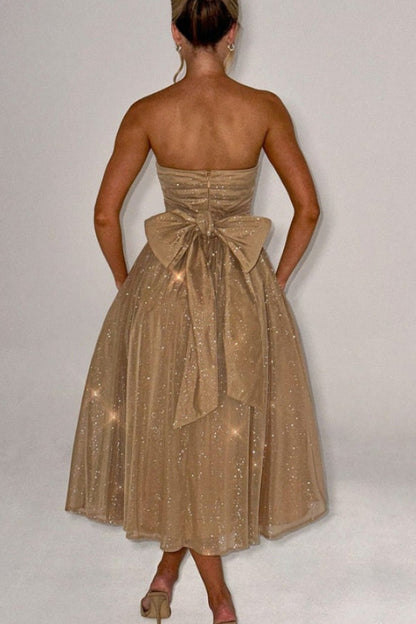 Glitter Mesh Strapless Ruched Fit-and-Flare Pocket Midi Dress