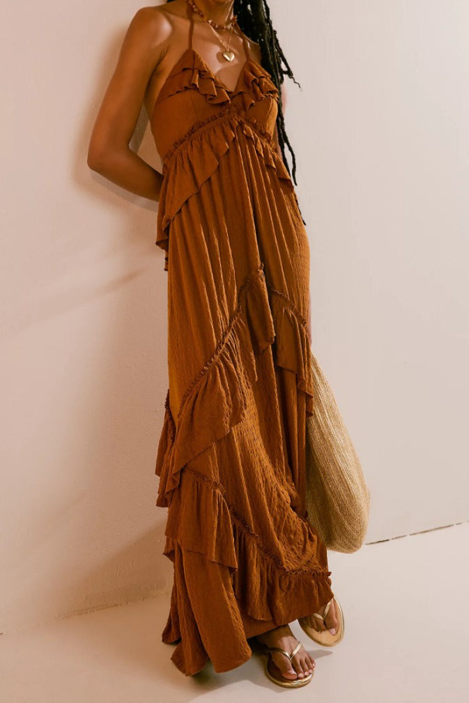 Backless Halter Tie Crop Top Tiered Ruffle Maxi Skirt Set