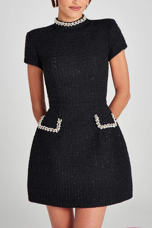 Pearl Trim Mock Neck Tweed Pocket Mini Dress