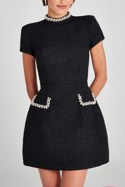 Pearl Trim Mock Neck Tweed Pocket Mini Dress