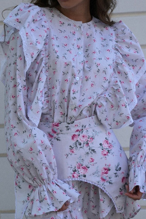 Floral Print Puff Shoulder Ruffle Cuff Blouse and Tiered Ruffle Mini Skirt Set