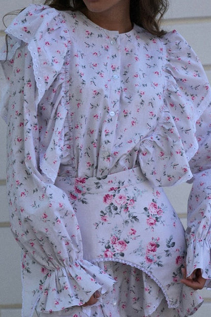 Floral Print Puff Shoulder Ruffle Cuff Blouse and Tiered Ruffle Mini Skirt Set