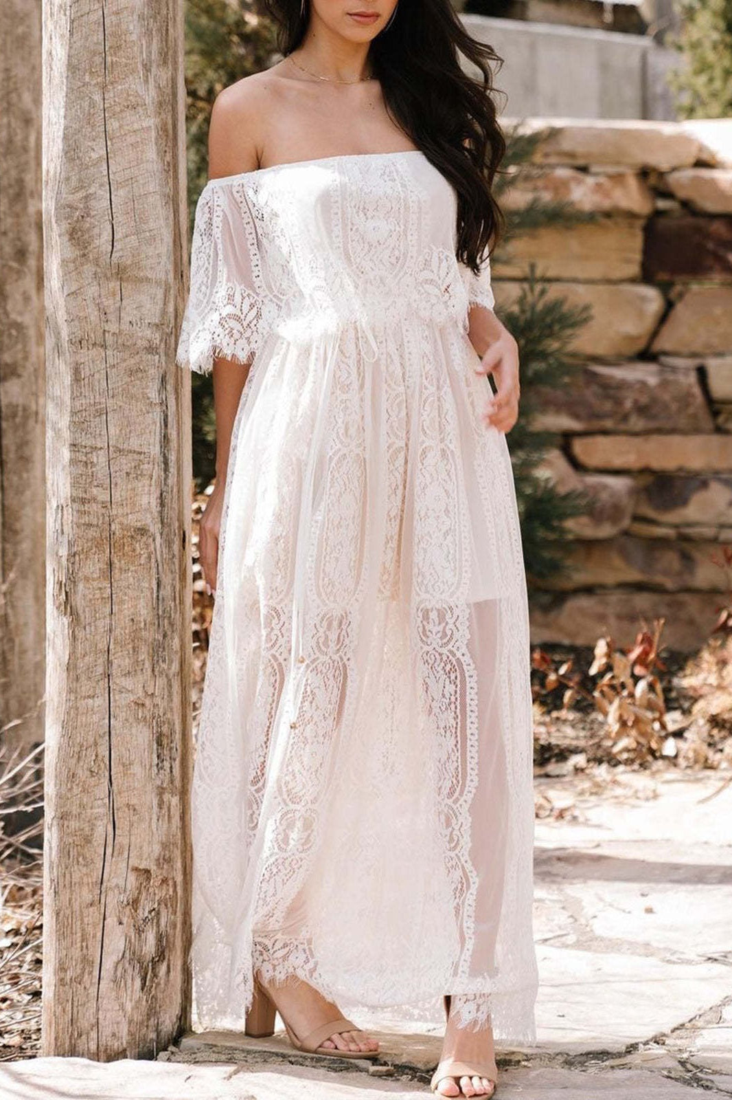 Off-Shoulder Floral Lace Overlay Scalloped Sheer Boho Maxi Dress