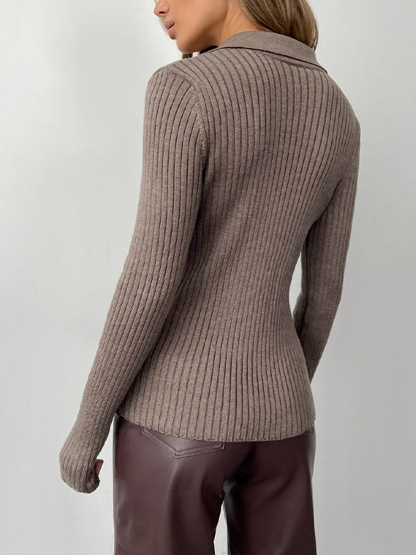 Solid Color Ribbed Polo Neck Sweater