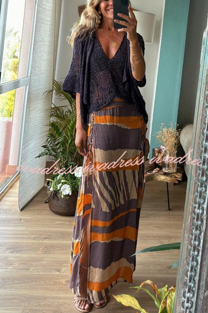 Bendita Colorblock Print Elastic Waist Side Lace-up Slit Maxi Skirt