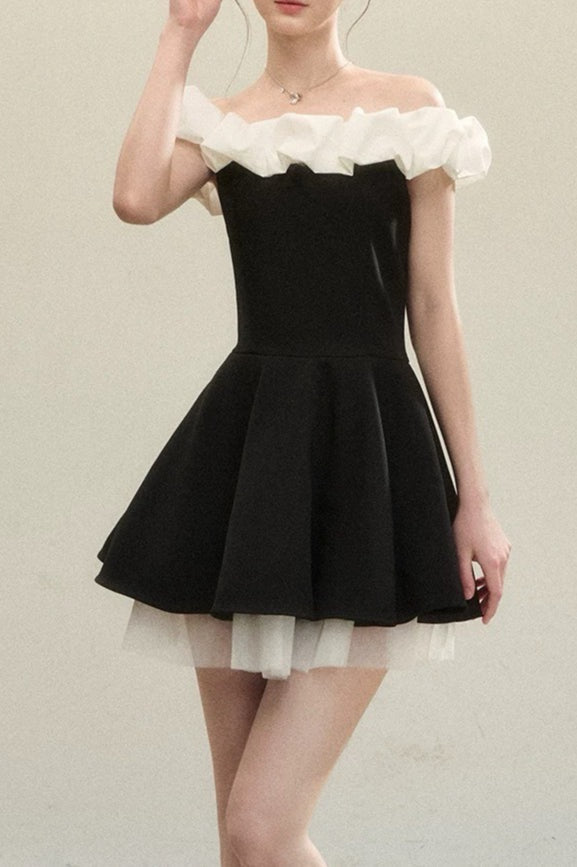 Off Shoulder Ruffle Trim Contrast Panel Pleated Skater Mini Dress