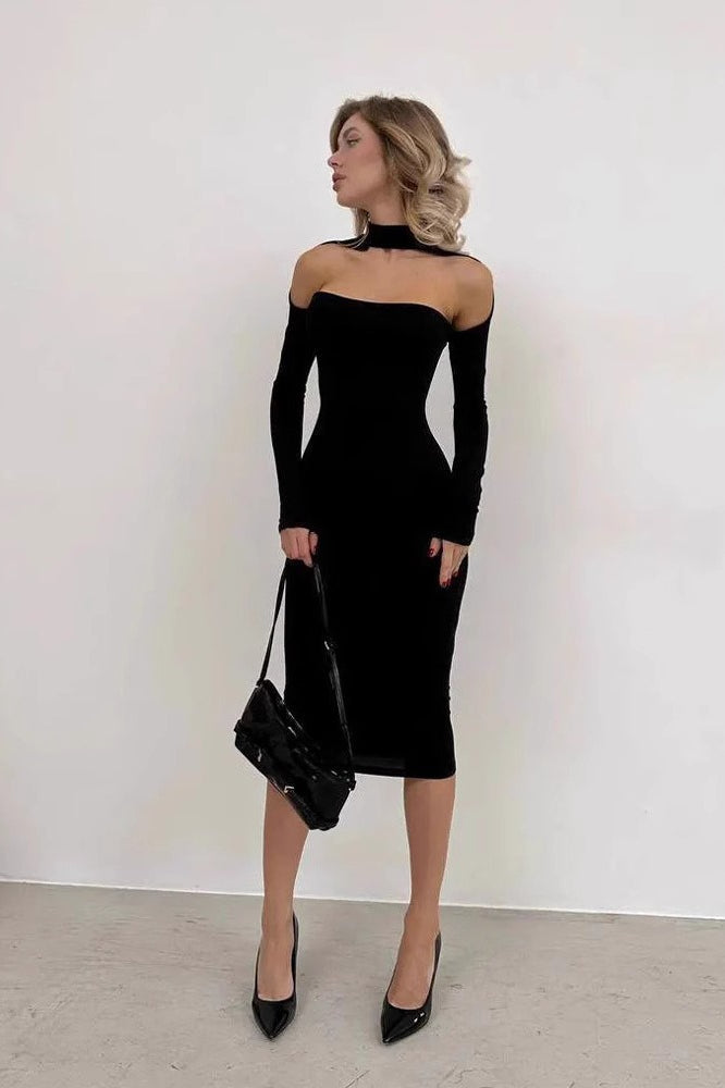Choker Neck Long Sleeve Shoulder Cut Out Bodycon Midi Dress