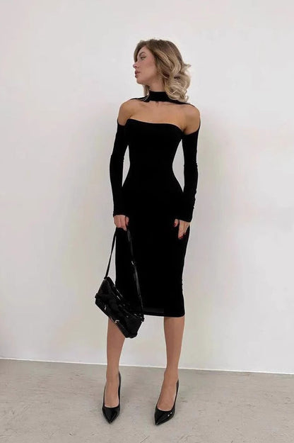 Choker Neck Long Sleeve Shoulder Cut Out Bodycon Midi Dress