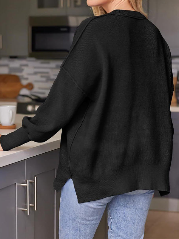 Solid Crew Neck Cape Sleeve Slit Sweater