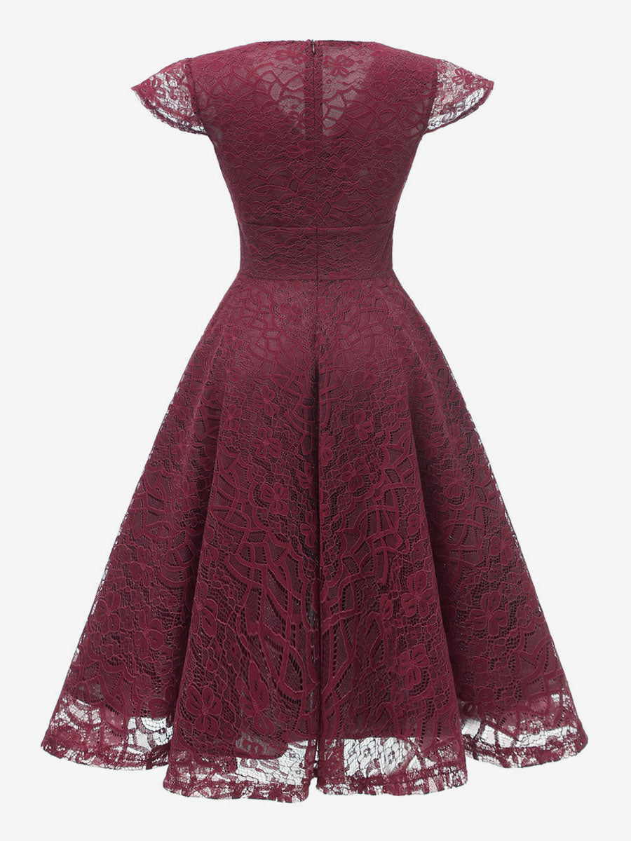 Vintage 1950s Midi Lace Dress for Women - V Neck Cap Sleeve A-line Cocktail Prom Gown - Wedding Guest Wear 2026