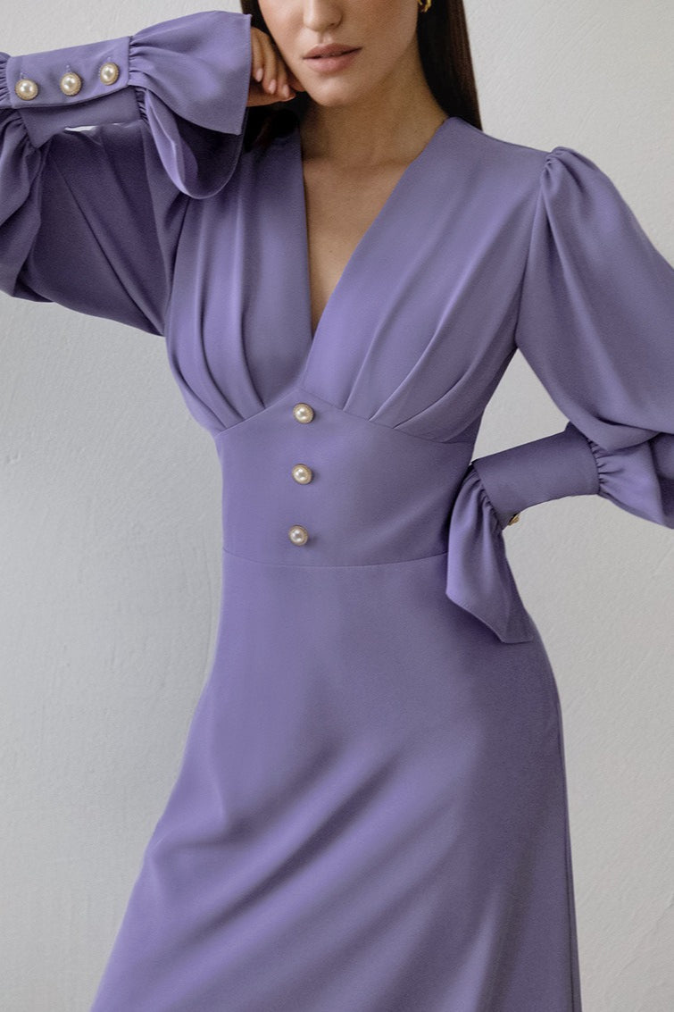 | Lantern Sleeve V-Neck Bodycon Maxi Dress
