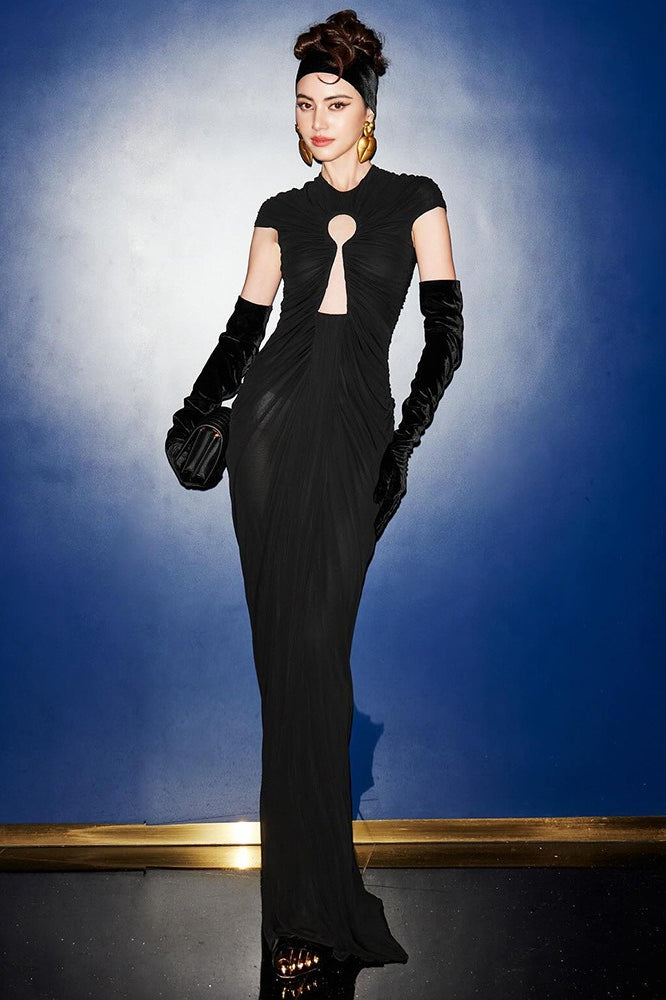 Black Mesh Cutout Slim Vintage Evening Party Dress