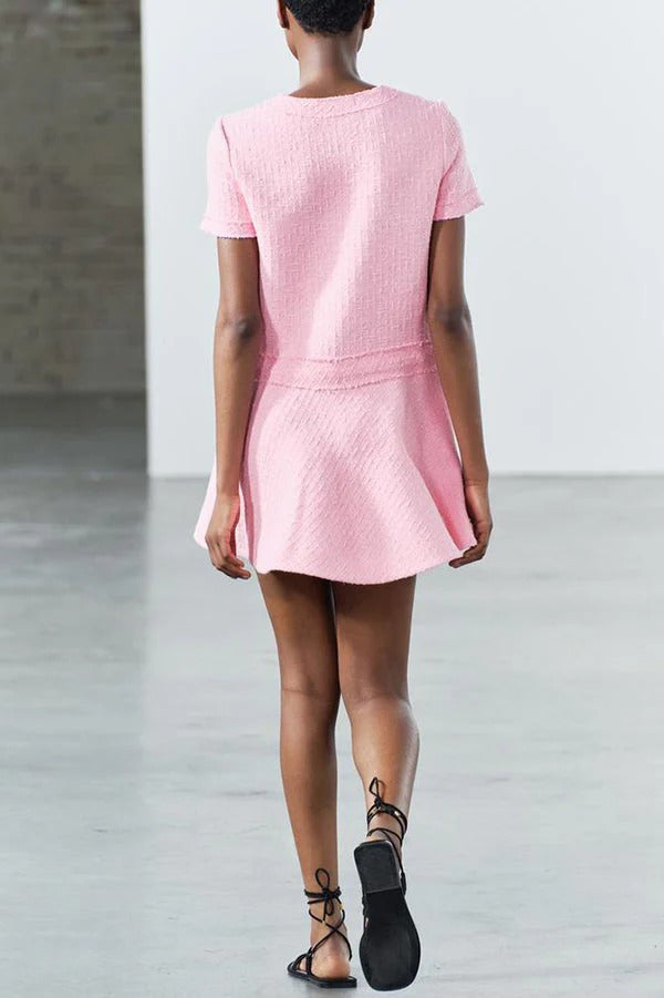 Metal Button Short Sleeve Round Neck Tweed Fit-and-Flare Mini Dress