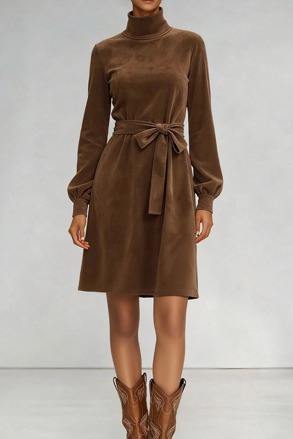 Stylish Suede Turtleneck Long-sleeved Tie-waist Casual Mini Dress