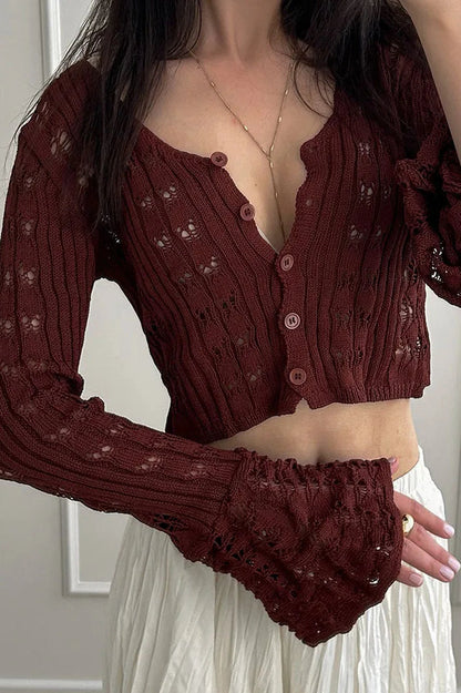 Hollow Out Knit V Neck Long Sleeve Cardigan