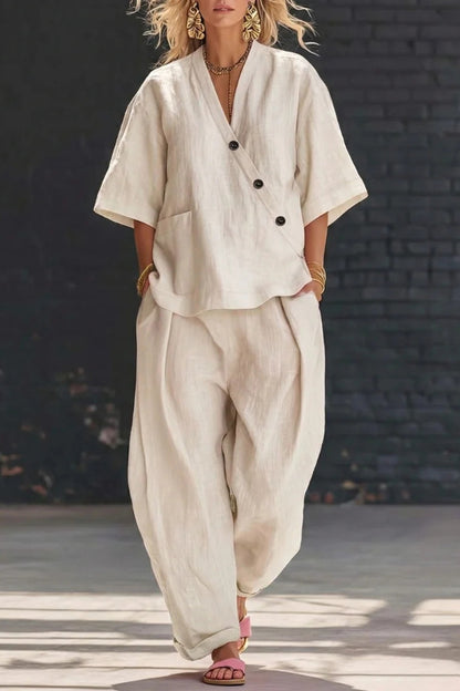 Linen Blend Solid Color V-neck Short-sleeved Loose Top and Elastic Waist Pocket Casual Pants Set