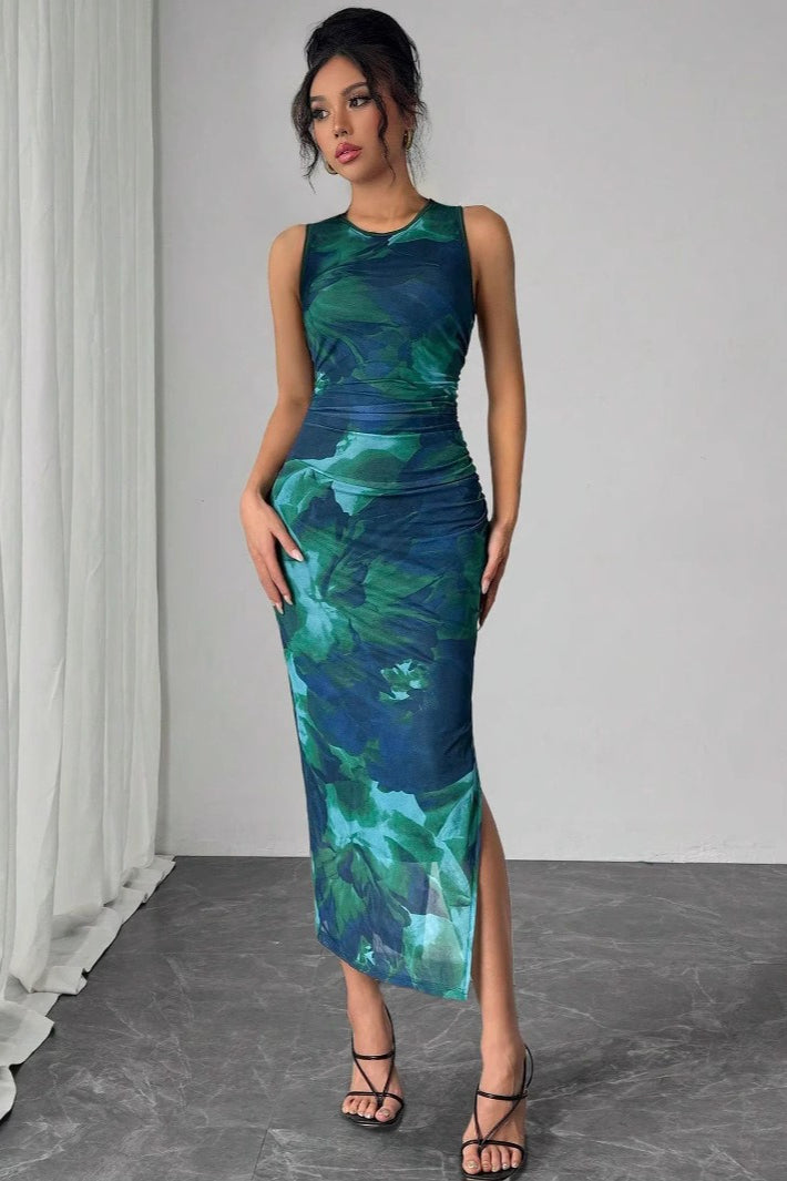 Abstract Floral Ruched Side Slit Crew Neck Bodycon Maxi Dress