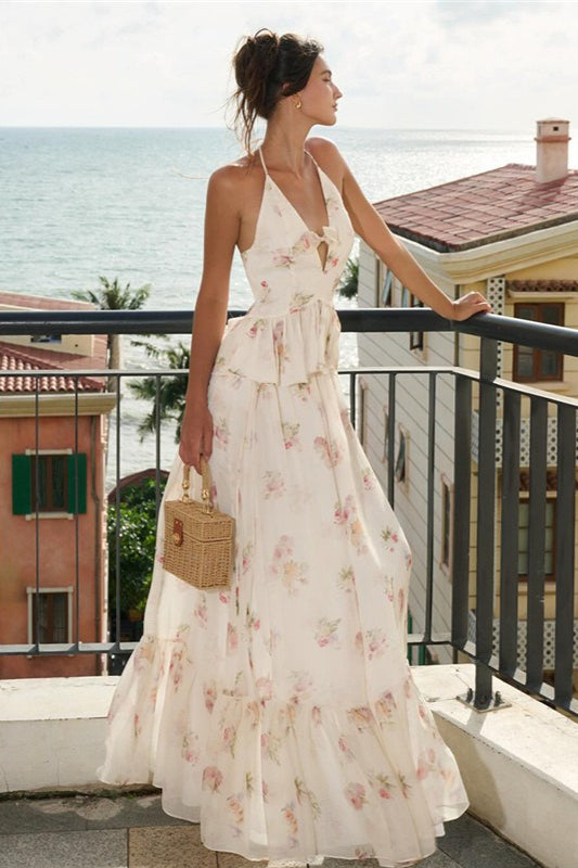 | Floral Slim Fit Deep V High Waist Maxi Dress