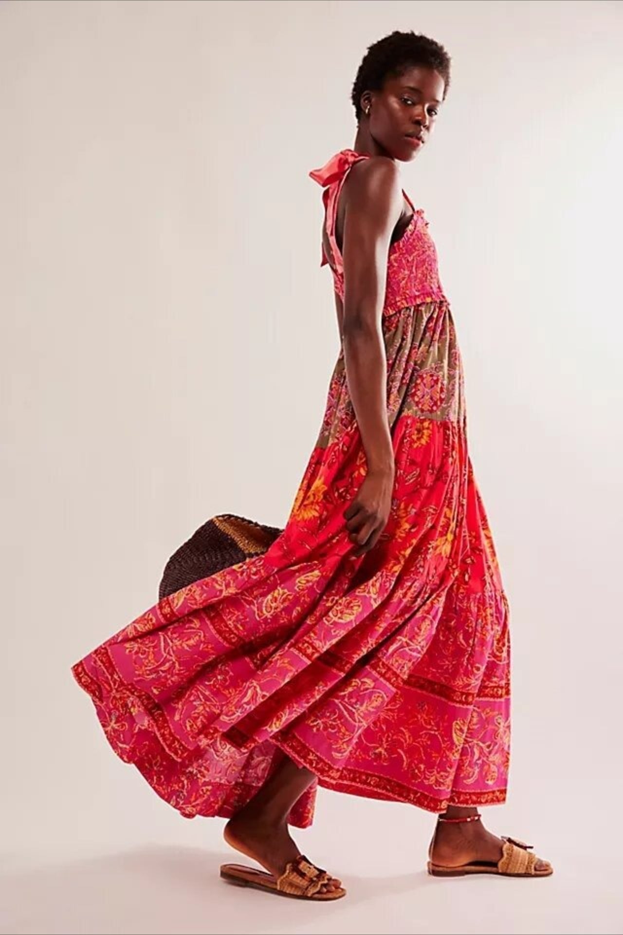 Smocked Sweetheart Neck Tie Shoulder Tiered Floral Paisley Maxi Dress