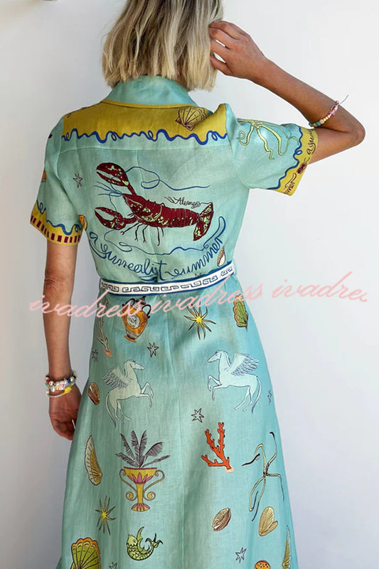 Deep Sea Dreaming Linen Blend Unique Print Short Sleeve Tie-up Shirt Maxi Dress