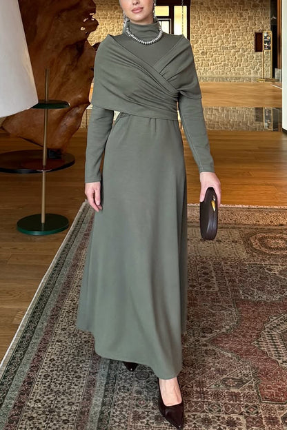 Solid Color High-neck Long-sleeved Crossover Waist Slim-fit Maxi Dress