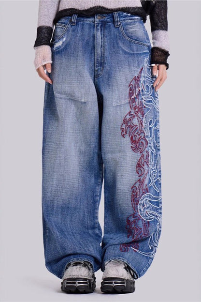 Vintage Embroidered Washed Slouchy Street Casual Jeans