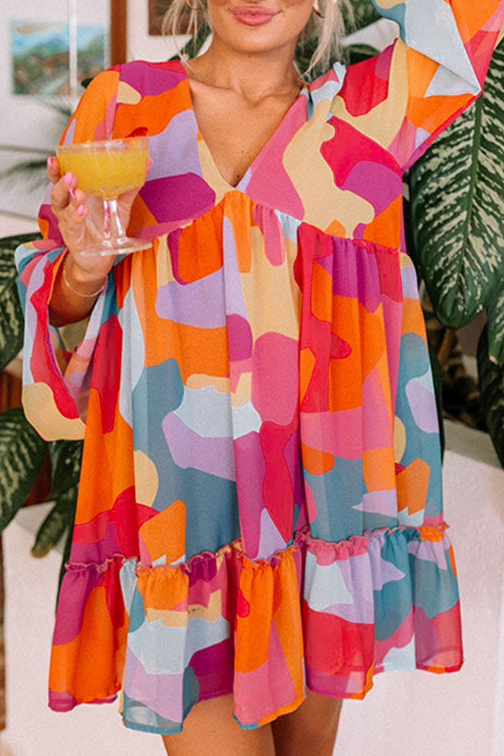 Abstract Geometric Print Deep V-Neck Bell Sleeve Tiered Ruffle Mini Dress