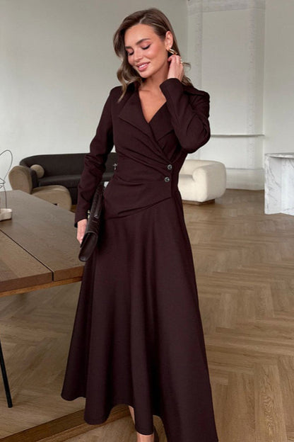 Notched Lapel Deep V Wrap Button Waist Ruched Blazer Midi Dress