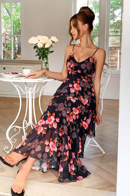 Deep V Neck Spaghetti Strap Floral Tiered Ruffle Maxi Dress