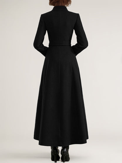 Wool Blend Long Coat Black Belted Stand Collar Winter Full Length Outerwear For Women 2026
