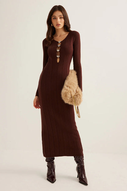 Round Neck Keyhole Cutout Hardware Detail Ribbed Knit Long Sleeve Bodycon Midi Dress