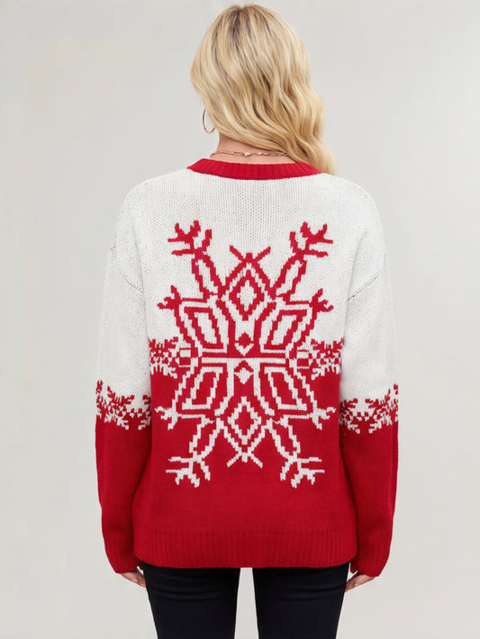 Snowflake Print Christmas Sweater Red White Knit Pullover For Women 2026