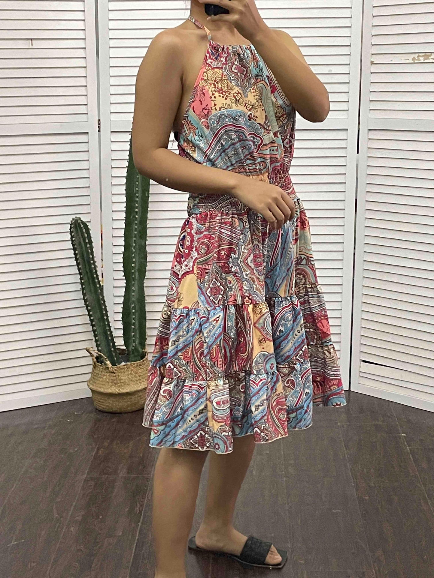 Paisley Print Halter Smocked Waist Tiered Ruffle Knee Length Dress
