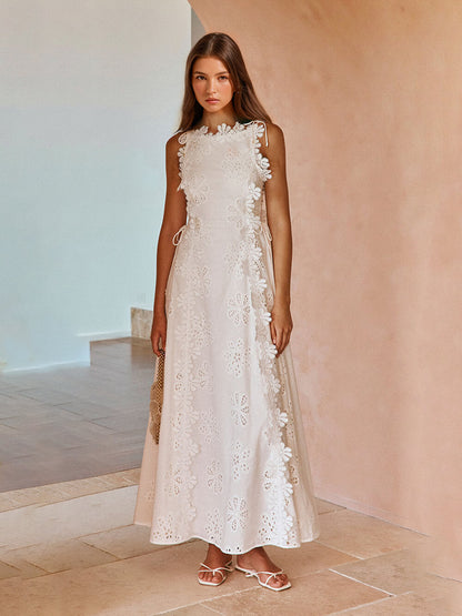 High Neck Tie Shoulder Floral Lace Eyelet Embroidery Maxi Dress