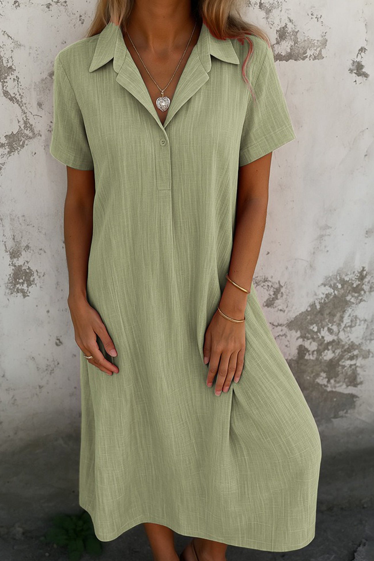 V-Neck Solid Color Short-Sleeve Shirt Dress