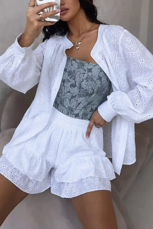 Hollow-out Jacquard Blouse Tiered Shorts Set