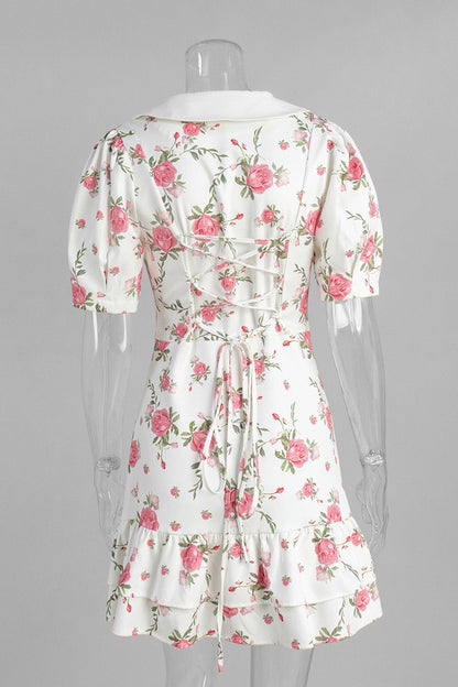 V-Neck Puff Sleeve A-line Ruffle Mini Dress