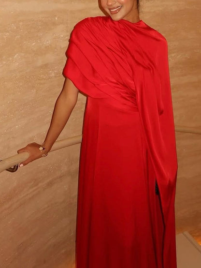 Asymmetrical Pleated Ribbon Maxi Dress